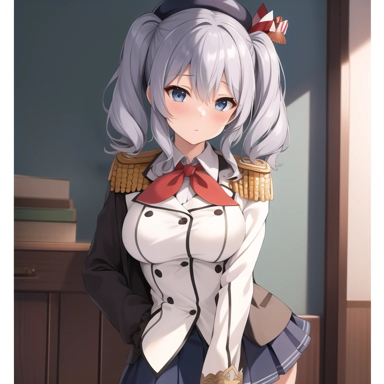 (masterpiece, best quality:1.2),illustration,8k,hd,1girl,solo,upper body,portrait,blush,grey hair,blue eyes,wavy hair,twin tails,tsurime,beret,epaulettes,frilled sleeves,jacket,large breasts,long sleeves,uniform,miniskirt,pleated skirt,red neckerchief,white gloves,anchor,