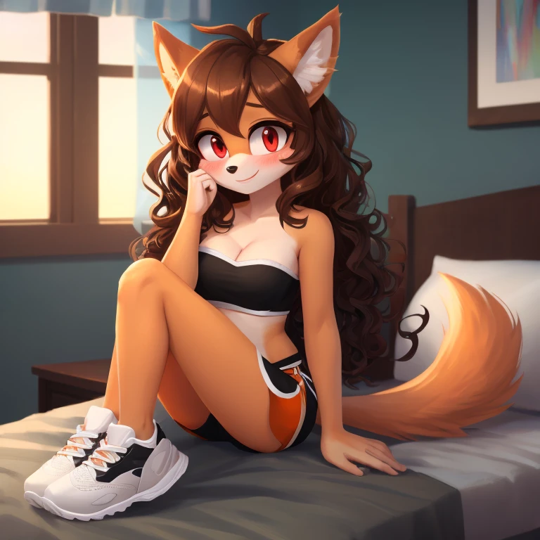 mobian, hedgehog, two-tone fur ((orange fur, brown fur)), pyjama elastic shorts, strapless crop top, cleavage, high-top sneakers, two-tone hair (brown hair, black tip)), curly hair, halo, sunglasses, jewelry, red eyes, longeyelashes, red eyes, smile, shy, blush, high detail, masterpiece, UHD, anatomically correct, super detail, highres, 4K