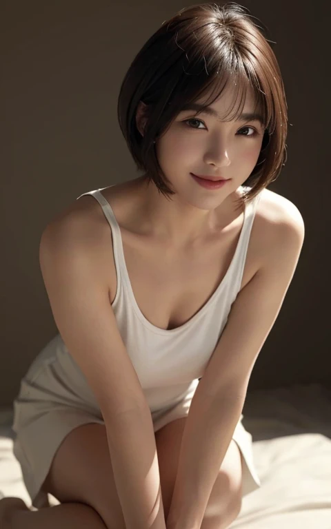 (Ultra-realistic), (High resolution), (8k), (very detailed) (beautifully detailed eyes),masterpiece, Best image quality, high quality,(super detailed), (wallpaper), (detailed face), The whole body is visible、Visible from head to toe、Crouch down and face forward、Beautiful feet、thin脚、look at me,Beautiful woman, Japanese, detailed, detailed eyes, detailed skin, Beautiful Skin, 超High resolution, (reality: 1.4),so beautiful, A little young face, Beautiful Skin, thin, Finer details, detailed face, Look straight ahead, Al Photos, Bright lighting, Professional Lighting, Mature Woman, iris、Brown Hair, Short hair swaying in the wind, Stylish bangs,White V-neck Sleeveless、短いTight Skirt,Tight Skirt、Pure erotic face ace_v1、thin眉毛、Low Angle、smile、I can see your toes