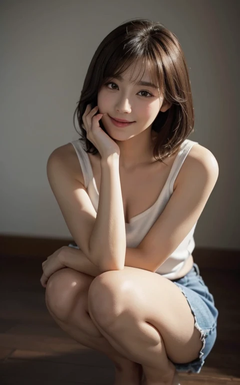 ((​Masterpiece, Top image quality, high resolution、alone、skin shiny))(on the table, best quality, (medium breasts:1.5),actual, super detailed, meticulous, high resolution, 8k wallpaper), Close-up portrait of a beautiful woman, like, smiling, light brown messy hair, Perfect dynamic composition, 美丽meticulous的眼睛, Just like the cover of a fashion magazine, on campus，Gorgeous costumes，hot stamping clothing，