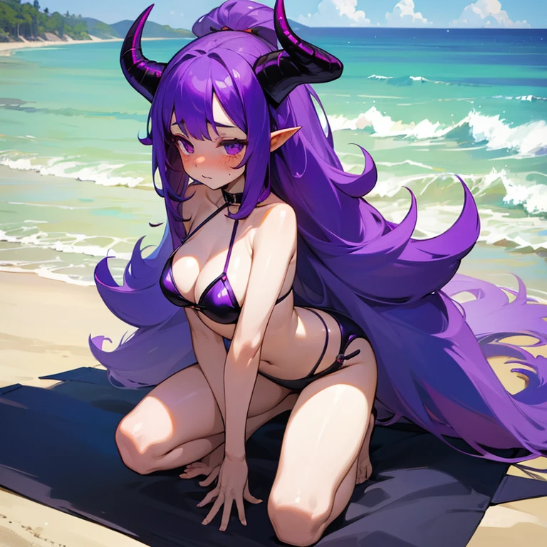 Demon woman with gray skin long red hair big horns big boos and ass on the beach naked on the beach showing your foots looking at camera