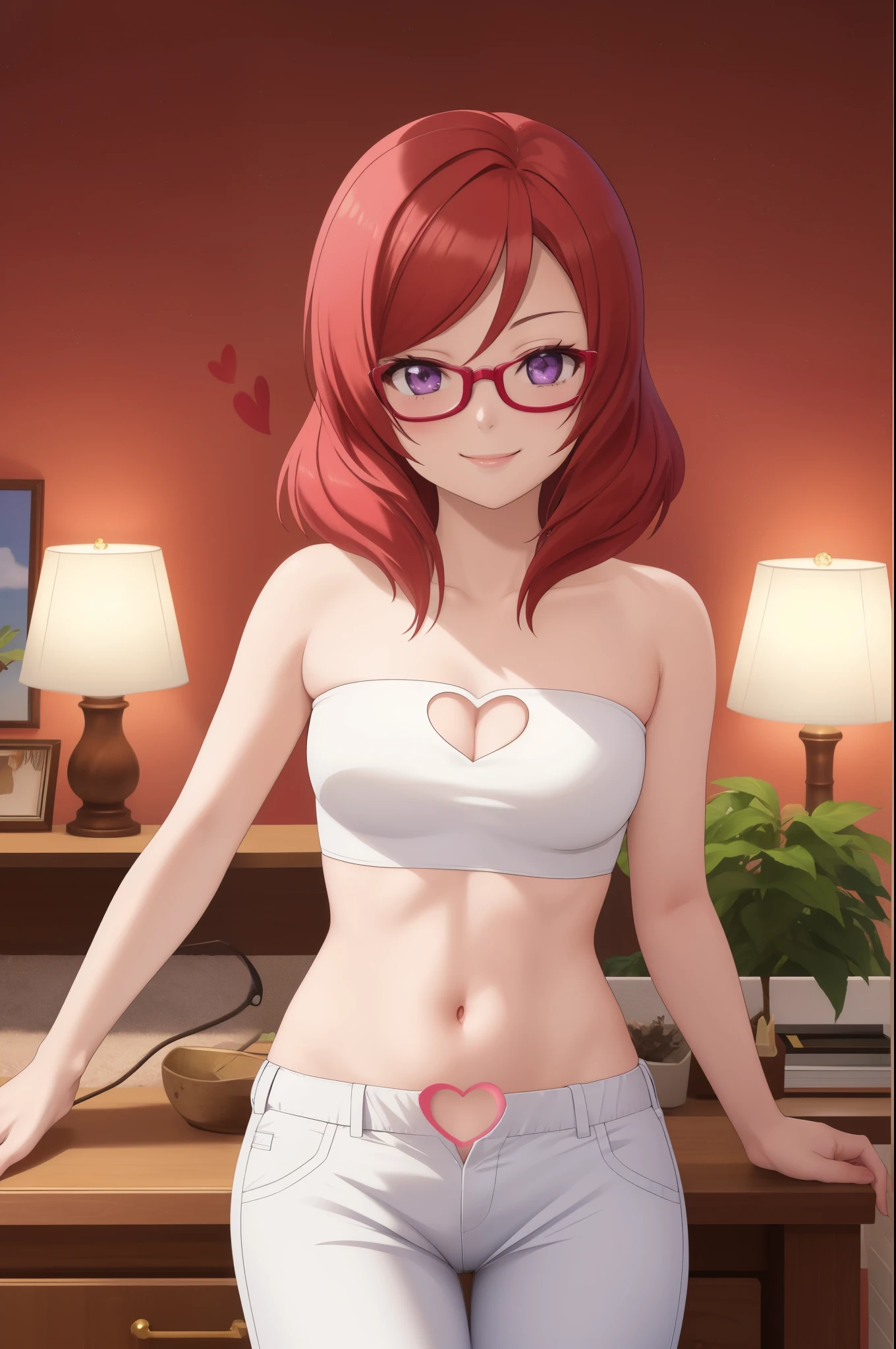 Masterpiece, best quality,Nishikino maki, purple eyes , white tube top, strapless ,(pants:1.2), tight, medium breasts , sexy smile ,glasses , heart cutout 