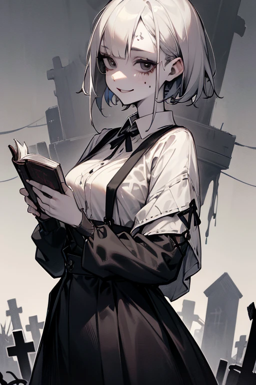 1girl, slender, 152.4cm, cute, Frankenstein's Monster, zombie girl, undead, short grey hair, all black eyes, pale skin, scars on skin, lots of stitches on skin, patchwork clothes, suspenders, holding old book, smile, in graveyard,