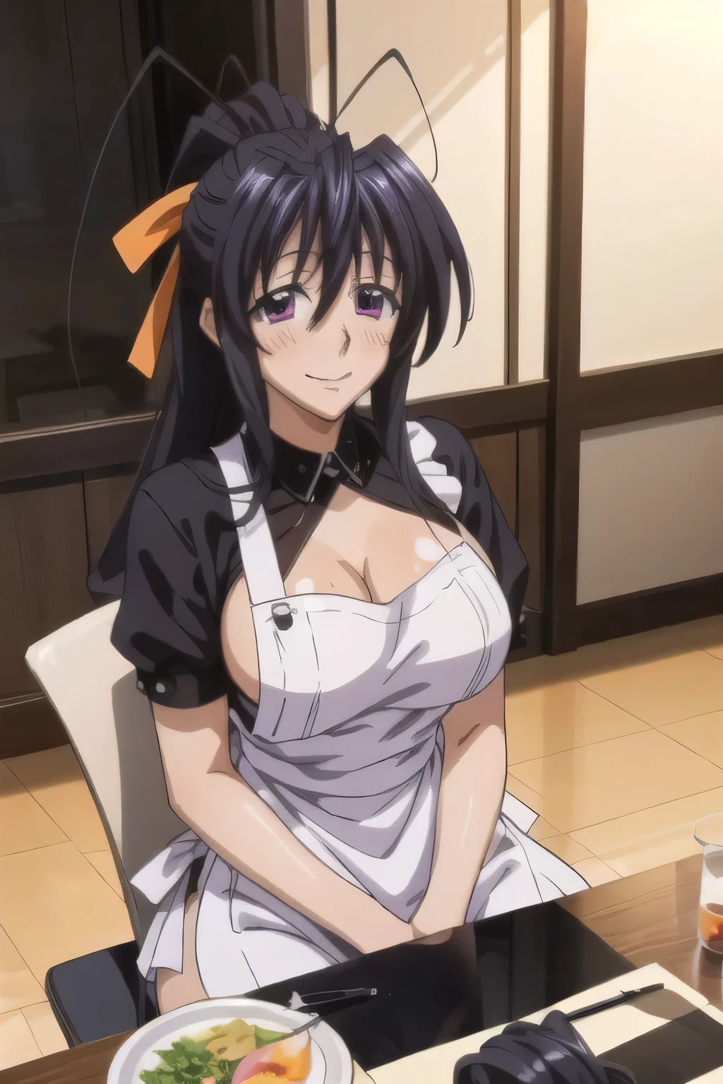 Himejima Akeno、Long Hair、(draw the eyes:1.2)、one person
、blush、smile
、Masturbation
、Sit down
、Apron appearance
、(highest quality)
、(Fine skin:1.3)