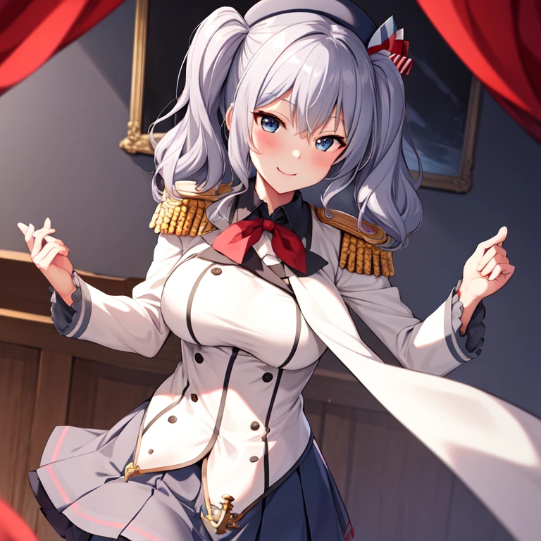 (masterpiece, best quality:1.2),evil smile,illustration,8k,hd,1girl,solo,upper body,portrait,blush,grey hair,blue eyes,wavy hair,twin tails,tsurime,beret,epaulettes,frilled sleeves,jacket,large breasts,long sleeves,uniform,miniskirt,pleated skirt,red neckerchief,white gloves,anchor,