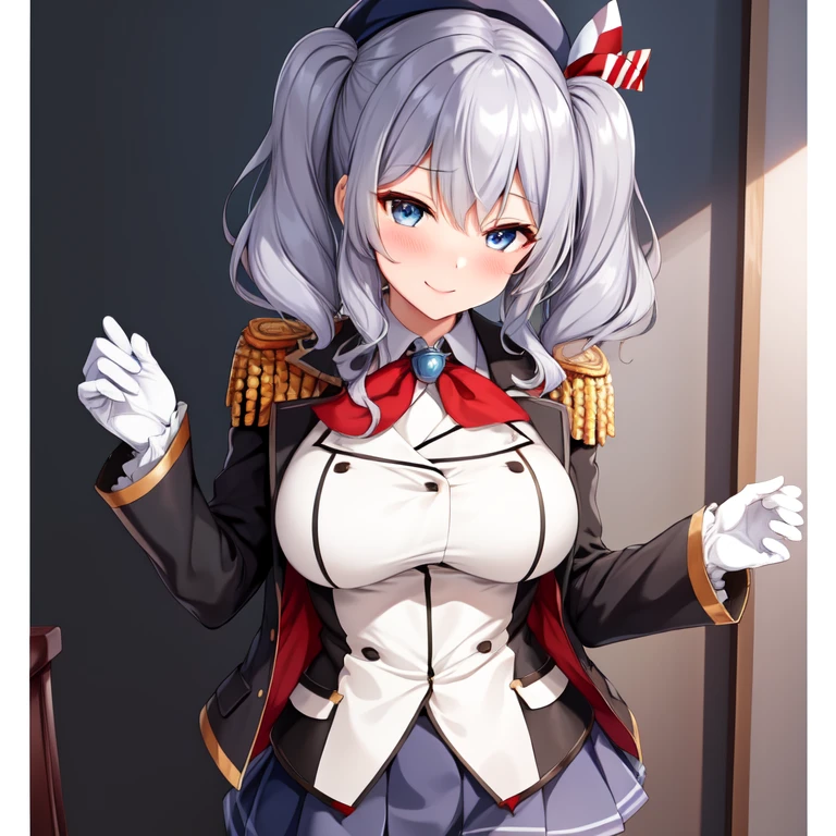 (masterpiece, best quality:1.2),evil smile,illustration,8k,hd,1girl,solo,upper body,portrait,blush,grey hair,blue eyes,wavy hair,twin tails,tsurime,beret,epaulettes,frilled sleeves,jacket,large breasts,long sleeves,uniform,miniskirt,pleated skirt,red neckerchief,white gloves,anchor,