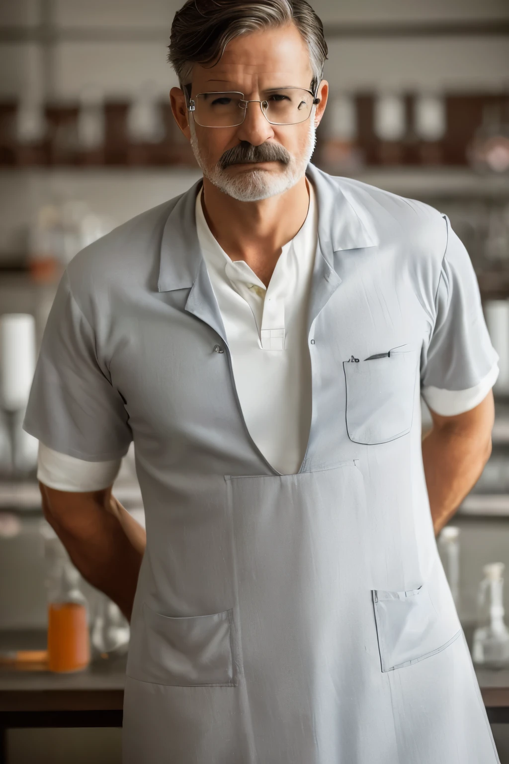 Man in brown lab coat, (( homembre de mediana edad)), (( brown lab dress)), mustache, glasses with thick frames, white collared shirt underneath, (( vestido de lab NOTA:1.5)), ((detalles realistas,)), ((vestido de trabajador de laboratorio)), ((piel clara,)), ((staring intently at the chemical equipment)), ((retrato de cabeza y torso,)) centrado, ((fuente de luz natural),), ((textura de piel realista),), ((great definition,)), ((photography made with Nikon,)), ((luz natural
