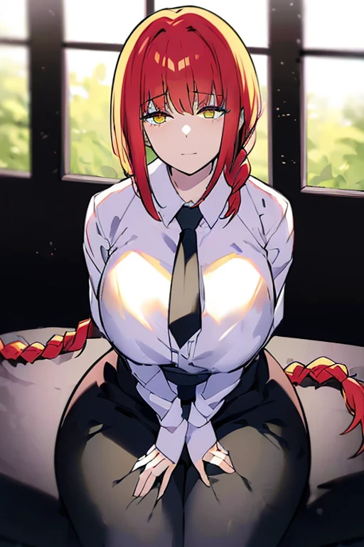 (masterpiece, top quality, best quality, official art, beautiful and aesthetic:1.2),(8k, best quality, masterpiece:1.2), 1woman, mature girl, makima, makimart, (looking at the viewer, full body shot, sitting:1) (red hair, long braid behind back, braid with eye length bangs and two longer bangs that frame face, bright crimson shining hair:1.2), (yellow eyes, ringed pupils, shining yellow eyes, patterned pupils, eerie eyes, glaring eyes, ominous eyes:1.15), [no blush, confident evil smile:1.2], [medium breasts:1.3], [sexy, curvy figure:1], (office clothes, white shirt, black necktie, black pants:1.15), (sitting on table, crossing legs, holding own breast in one hand, feet in frame, full body in frame:1.3) (dark lighting, dim room, glaring eyes, shining eyes:1.4)