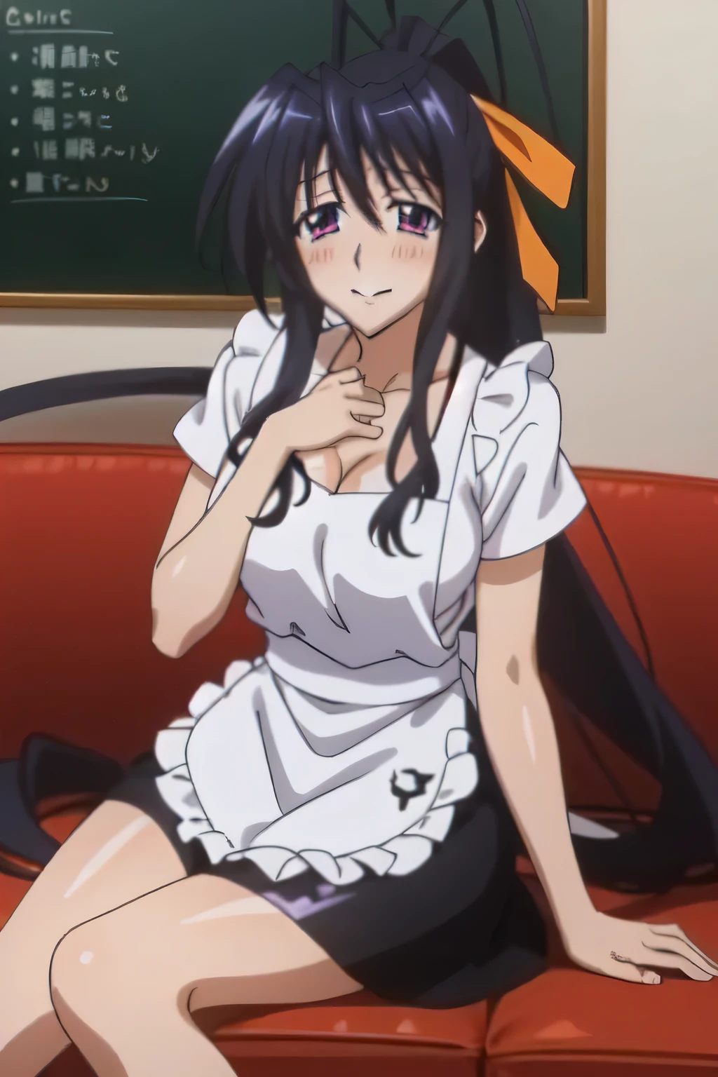 Himejima Akeno、Long Hair、(draw the eyes:1.2)、one person
、blush、smile
、Embarrassing、Comforting
、Sit down
、Apron appearance
、(highest quality)
、(Fine skin:1.3)