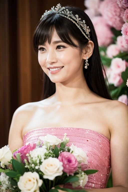 Medium View, Medium Shot, Written boundary depth, bust, Upper Body, Cinematic Angles, masterpiece, highest quality, Very detailed, cg, 8K Wallpaper, Beautiful Face, Delicate eyes, Otome, alone, smile, bangs, have,pink dot colored dresses, bow, petal, bouquet
