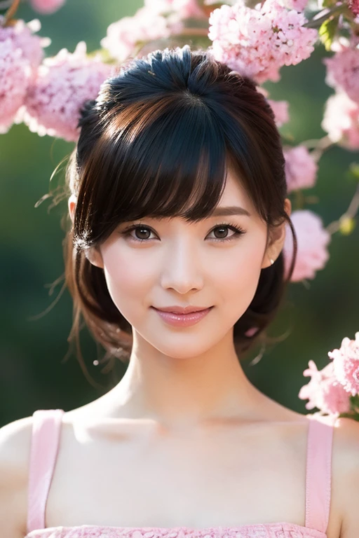 Medium View, Medium Shot, Written boundary depth, bust, Upper Body, Cinematic Angles, masterpiece, highest quality, Very detailed, cg, 8K Wallpaper, Beautiful Face, Delicate eyes, Otome, alone, smile, bangs, have,pink dot colored dresses, bow, petal, bouquet