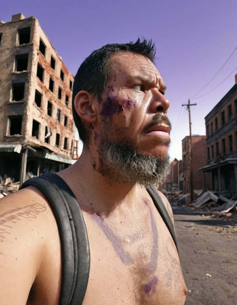 "Create a Disney Pixar-style 3D animation depicting a half-body portrait of a man navigating a post-apocalyptic world. "The last of us" serie style. He should be clad in dirty, ragged clothing, with a cloth concealing his mouth and nose. Behind him, portray ruins of buildings and houses, streets blanketed in sand, and destroyed vehicles, set against a dark sky with purple and orange hues. Ensure the background is heavily blurred to accentuate the character. The scene should exude a vivid and lived-in atmosphere, with warm color tones adding depth to the post-apocalyptic setting.",gutto2024abr