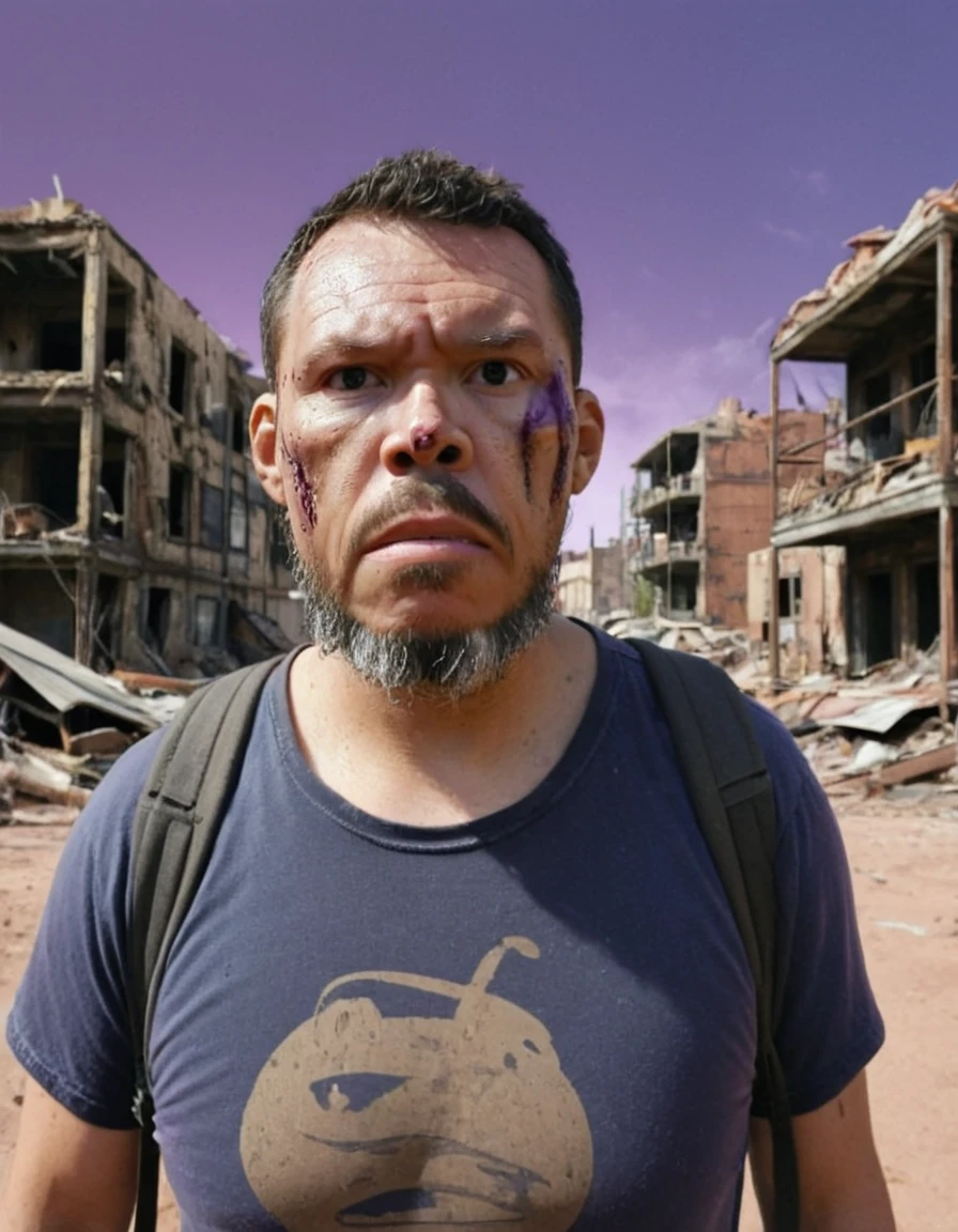 "Create a Disney Pixar-style 3D animation depicting a half-body portrait of a man navigating a post-apocalyptic world. "The last of us" serie style. He should be clad in dirty, ragged clothing, with a cloth concealing his mouth and nose. Behind him, portray ruins of buildings and houses, streets blanketed in sand, and destroyed vehicles, set against a dark sky with purple and orange hues. Ensure the background is heavily blurred to accentuate the character. The scene should exude a vivid and lived-in atmosphere, with warm color tones adding depth to the post-apocalyptic setting.",gutto2024abr