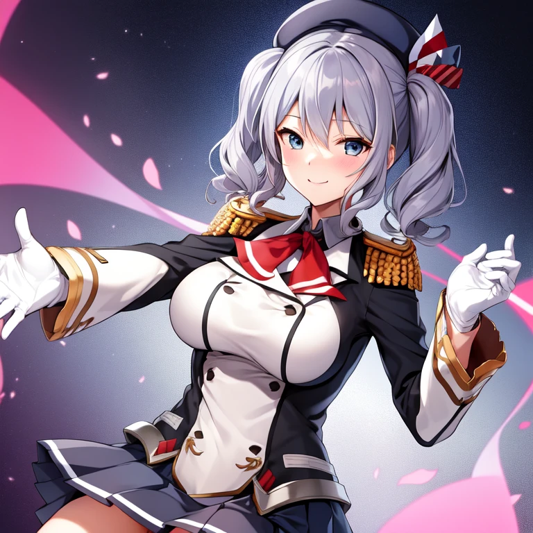 (masterpiece, best quality:1.2),evil smile,illustration,8k,hd,1girl,solo,upper body,portrait,blush,grey hair,blue eyes,wavy hair,twin tails,tsurime,beret,epaulettes,frilled sleeves,jacket,large breasts,long sleeves,uniform,miniskirt,pleated skirt,red neckerchief,white gloves,anchor,