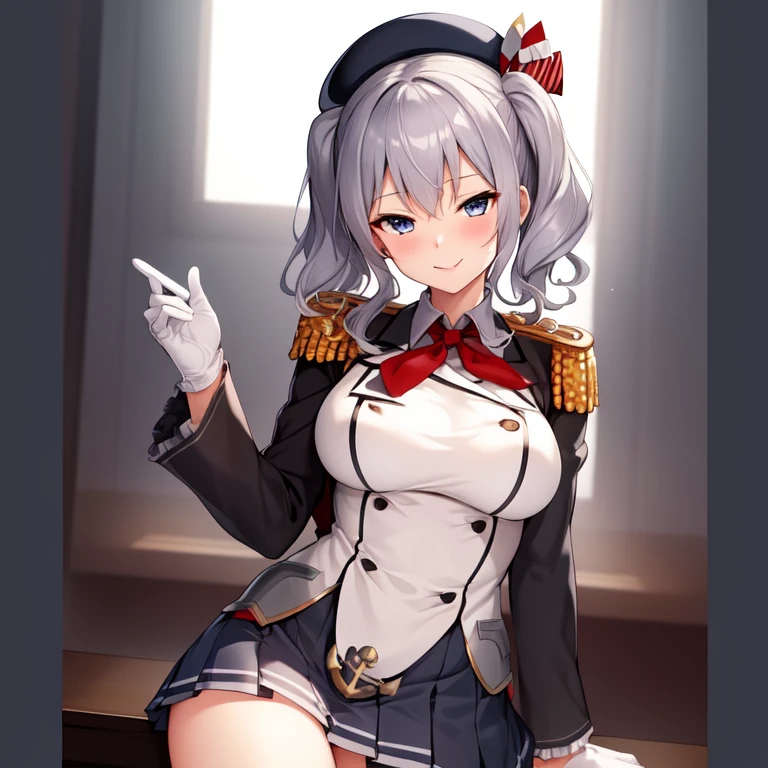 (masterpiece, best quality:1.2),evil smile,illustration,8k,hd,1girl,solo,upper body,portrait,blush,grey hair,blue eyes,wavy hair,twin tails,tsurime,beret,epaulettes,frilled sleeves,jacket,large breasts,long sleeves,uniform,miniskirt,pleated skirt,red neckerchief,white gloves,anchor,