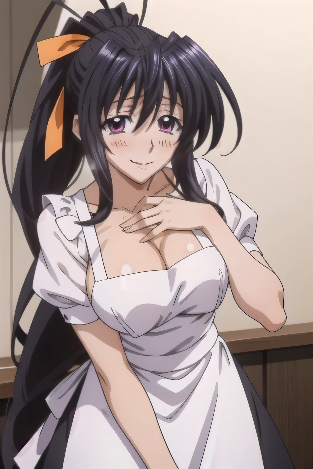 Himejima Akeno、Long Hair、(draw the eyes:1.2)、one person
、blush、smile
、Embarrassing、Comforting
、Crouch down、Put your hand on your chest
、Apron appearance
、(highest quality)
、(Fine skin:1.3)