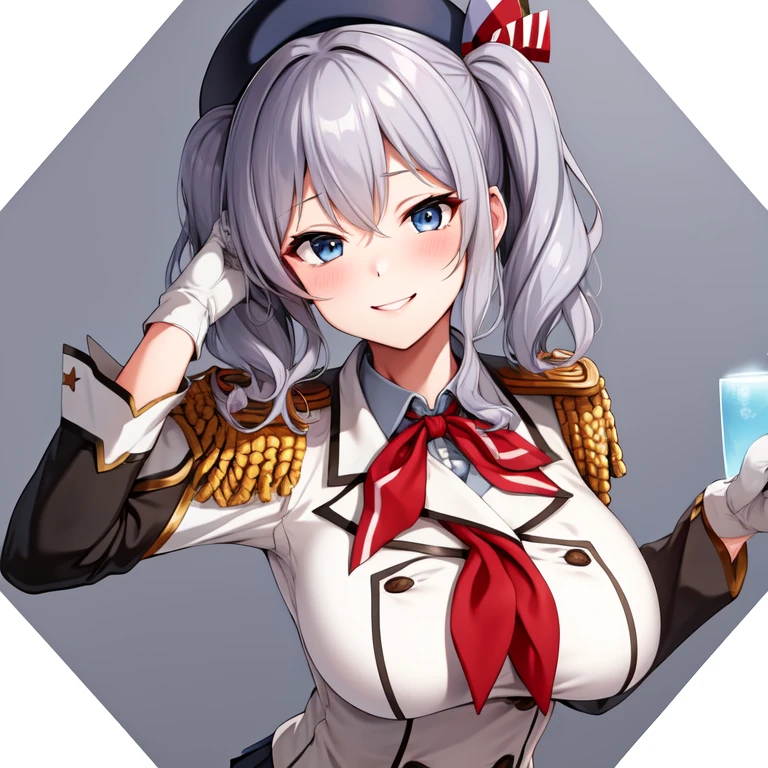 (masterpiece, best quality:1.2),evil smile,breast_grab,illustration,8k,hd,1girl,solo,upper body,portrait,blush,grey hair,blue eyes,wavy hair,twin tails,tsurime,beret,epaulettes,frilled sleeves,jacket,large breasts,long sleeves,uniform,miniskirt,pleated skirt,red neckerchief,white gloves,anchor,