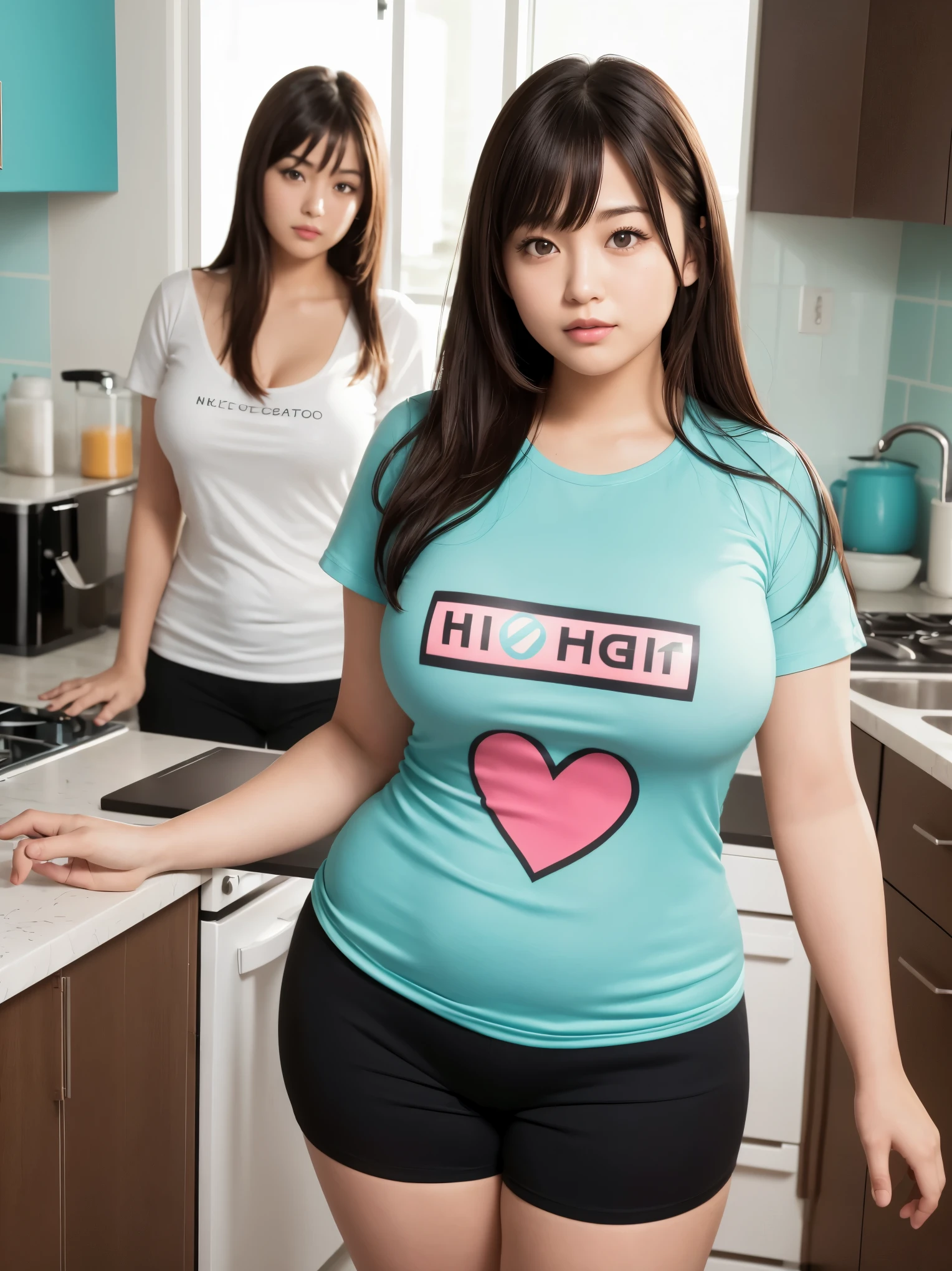 In a modern kitchen, morning. voluptuous, curvy woman, Hana haruna, gravure idol. body measurement of 100-70-90. beautiful chubby face, round face, long hair, straight bangs. Her wide heart-shaped lips curl up, light smile. Beautiful seductive eyes. She wears a teal t-shirt, black shorts. Leaning on the counter. Glossy skin. Soft, warm indirect light. Cinematic