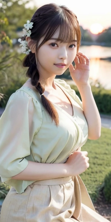 1 Japanese female, 30 years old, Very beautiful, (very cute), (Very detailed美しい顔), Great face and eyes,(Flower Hair Ornaments,Braided top knot,Twisted Side Part Ponytail Braided Headband,Half Up、Braided Space Van,Voluminous fishtail braid,Twisted pan),(Asymmetrical bangs),, My eyes got a little brighter, Dolly Makeup, (Loose-fitting see-through blouse(Cream:1.2))、(Micro Mini Skirt(Light mint green color)), (highest quality:1.4), (Very detailed), Very detailed CG 統合 8k 壁紙, Surreal, (Photorealistic:1.4), Raw photo, Professional photography, Cinema Lighting, Realistic portraits, (Depth of written boundary:1.4), (View Photographer:1.3), (In a park with a pond),Glamorous Beauty、 (Large Breasts:1.2)、Cleavage、Voluptuous thighs、 (Whole Body Ezbian), Accurate Eyes, Beautiful mouth, (Keep your mouth completely closed), (evening:1.3), (Looking at the camera), (Amazing sunset:1.25), A smile that makes people happy、A photo showing you from head to knees、Her face is totally like Nishino Nanase