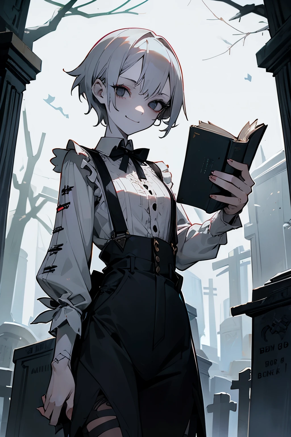 1girl, slender, 152.4cm, cute, small breasts, Frankenstein's Monster, zombie girl, undead, short grey hair, all black eyes, pale skin, scars on skin, lots of stitches on skin, patchwork clothes, suspenders, holding old book, smile, in graveyard, leaning on tomb,