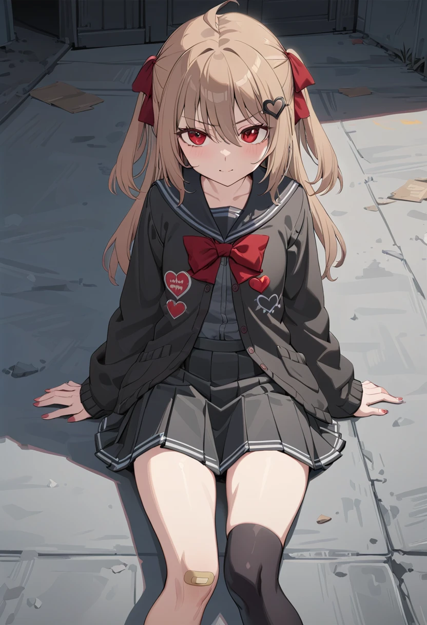 1girl, evil neuro-sama, red eyes, light brown hair, ahoge, two side up, hair ribbon, dark red ribbon, heart hair ornament, black cardigan, open cardigan, black sailor collar, long sleeves, red bow, black skirt, pleated skirt, asymmetrical legwear, black thighhighs, black kneehighs, bandaid on knee, grey footwear, loafers, (masterpiece, best quality), highly detailed, finely detailed, 