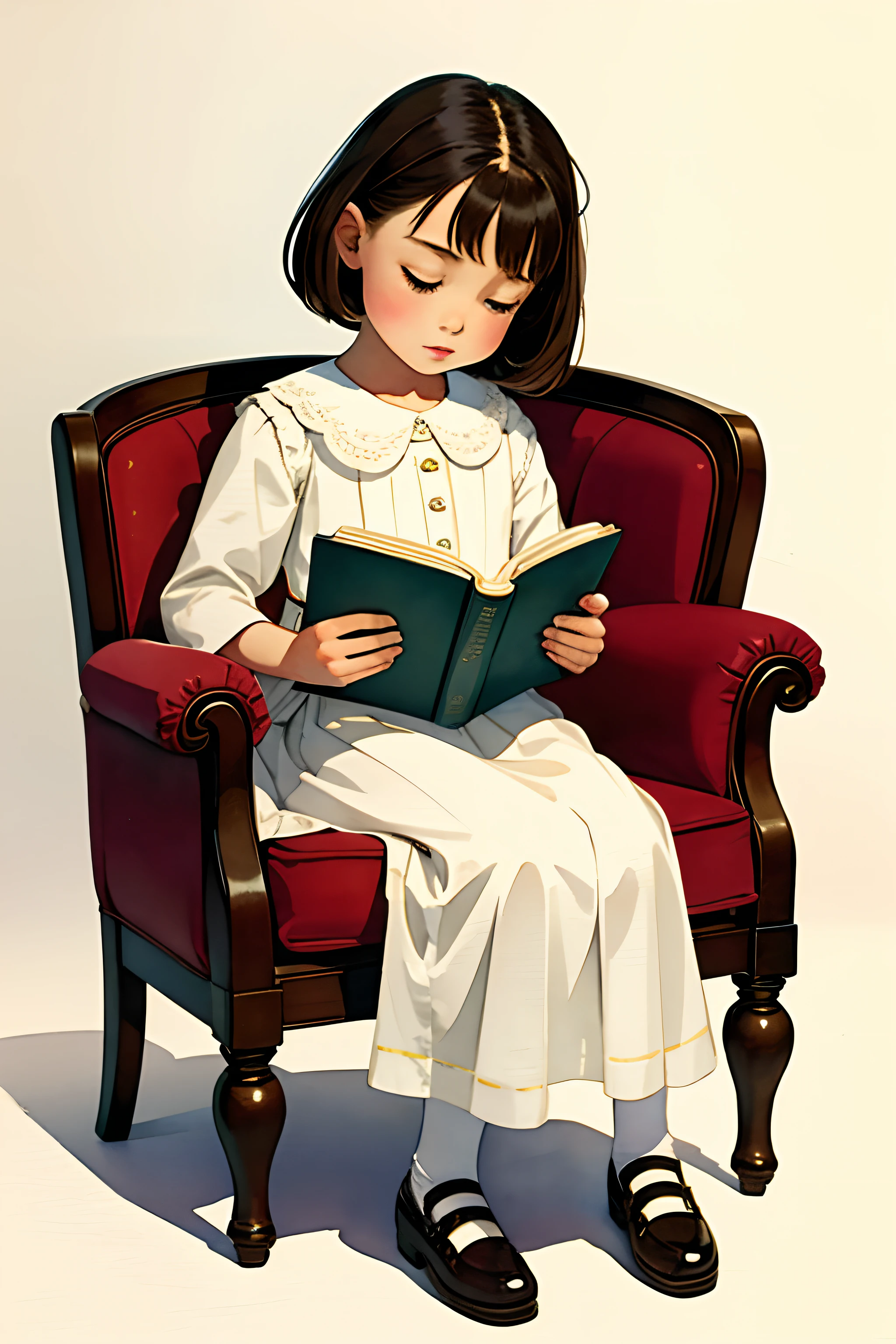 White background、Full body, sitting on chair reading book, Vintage fashion, No shadow, watercolor paiting