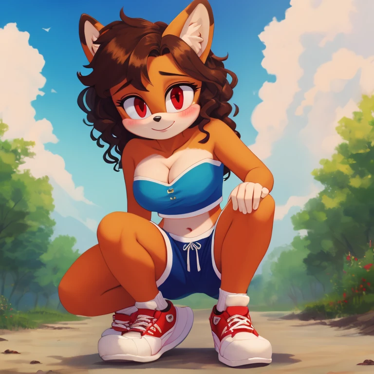 mobian, hedgehog, two-tone fur ((orange fur, brown fur)), pyjama elastic shorts, strapless crop top, cleavage, high-top sneakers, two-tone hair (brown hair, black tip)), curly hair, halo, sunglasses, jewelry, red eyes, longeyelashes, red eyes, smile, shy, blush, high detail, masterpiece, UHD, anatomically correct, super detail, highres, 4K