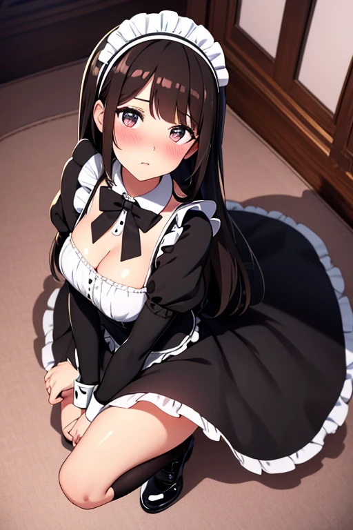1girl, young beautiful girl, ulutra detailed, best quality, detailed face, deep detailed eyes, sparkling eyes, (shiny brown beautiful eyes with reflections), shiny-black hair, French maid, maid dress, mini skirt, knee-high socks, maid headdress, full body, large breast, shoot from above, looking at viewer, (blush:1.1), gothic room, sofa,