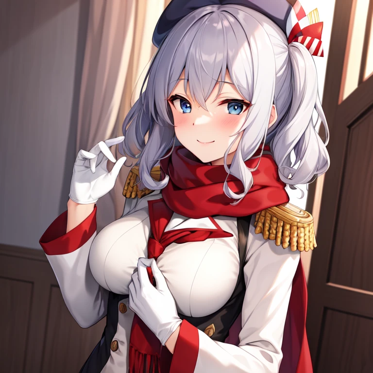 (masterpiece, best quality:1.2),Evil Smile,One hand touched her chest,illustration,8k,HD,1 Girl,Solitary,Upper Body,portrait,blush,Gray hair,blue eyes,curls,Double tail,Crane plum,Berets,Epaulettes,Ruffled sleeves,jacket,Large Breasts,Long sleeve,,mini skirt,Pleated Skirt,Red scarf,White gloves,anchor,