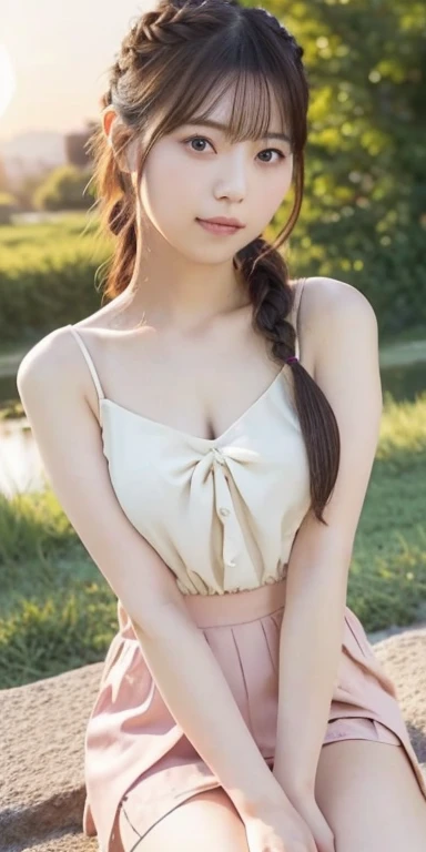 1 Japanese female, 30 years old, Very beautiful, (very cute), (Very detailed美しい顔), Great face and eyes,(Flower Hair Ornaments,Braided top knot,Twisted Side Part Ponytail Braided Headband,Half Up、Braided Space Van,Voluminous fishtail braid,Twisted pan),(Asymmetrical bangs),, My eyes got a little brighter, Dolly Makeup, (Loose-fitting see-through blouse(Cream:1.2))、(Micro Mini Skirt(Pink)), (highest quality:1.4), (Very detailed), Very detailed CG 統合 8k 壁紙, Surreal, (Photorealistic:1.4), Raw photo, Professional photography, Cinema Lighting, Realistic portraits, (Depth of written boundary:1.4), (View Photographer:1.3), (In a park with a pond),Glamorous Beauty、 (Large Breasts:1.2)、Cleavage、Voluptuous thighs、 (Whole Body Ezbian), Accurate Eyes, Beautiful mouth, (Keep your mouth completely closed), (evening:1.3), (Looking at the camera), (Amazing sunset:1.25), A smile that makes people happy、A photo showing you from head to knees、Her face is totally like Nishino Nanase