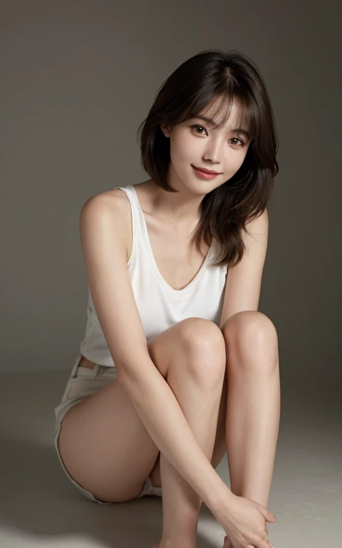 (Ultra-realistic), (High resolution), (8k), (very detailed) (beautifully detailed eyes),masterpiece, Best image quality, high quality,(super detailed), (wallpaper), (detailed face), The whole body is visible、Visible from head to toe、Crouch down and face forward、Beautiful feet、Thin legs、Look at me、Beautiful woman, Japanese、 detailed, detailed eyes, detailed skin, Beautiful Skin, 超High resolution, (reality: 1.4),so beautiful, A little young face, Beautiful Skin, thin, Finer details, detailed face, Look straight ahead, Al Photos, Bright lighting, Professional Lighting, Mature Woman, iris、Brown Hair, Short hair swaying in the wind, Stylish bangs,White V-neck Sleeveless、短いTight Skirt,Tight Skirt、Pure erotic face ace_v1、thin眉毛、Low Angle、smile、I can see your toes、Turn your body forward、White panties、frog sitting