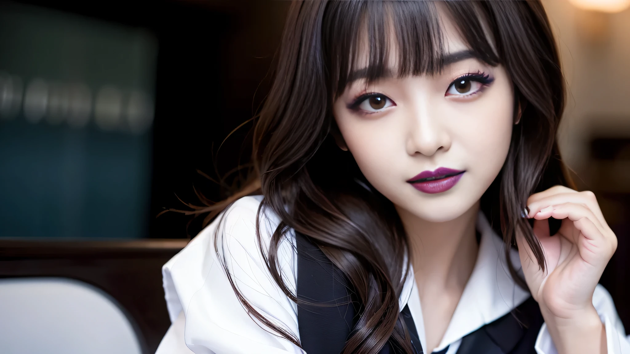 best quality、ultra-detailed、4k、Japanese、Seductive beauty、seductive adult woman、Pretty Woman、cool girl、Villainess、Brainwashed、brainwash、Fallen into evil、smirk、Evil look、Wicked Smile、evil、Brown hair、wavy hair、swept bangs、dark makeup、dark makeup、piercing eyes、hollow eyes,half-closed eyes、Hollow Eyes、purple Eyeshadow、black lipstick、black lipglos、Female student、uniform、Sailor suit、night、inside darkroom、Seduce、Applying lipstick、