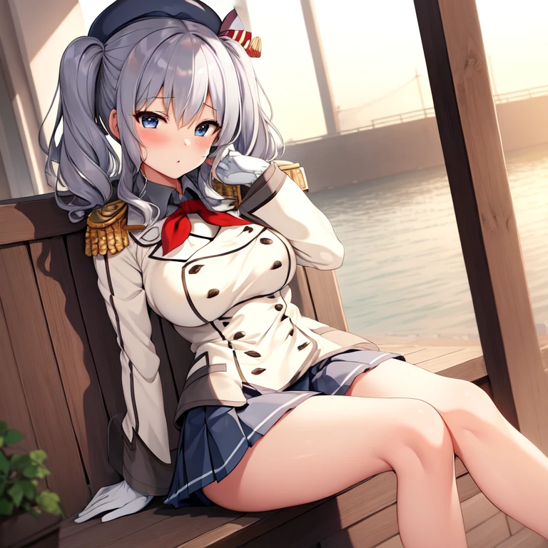 (masterpiece, best quality:1.2),illustration,8k,hd,1girl,solo,portrait,blush,grey hair,blue eyes,wavy hair,twin tails,tsurime,beret,epaulettes,frilled sleeves,jacket,large breasts,long sleeves,uniform,miniskirt,pleated skirt,red neckerchief,white gloves,anchor,