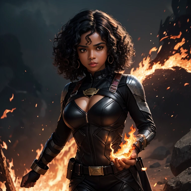 Create a superhero with black curly hair with brown skin with dark brown eyes with black outfit with fire details with fire coming out of her hand 