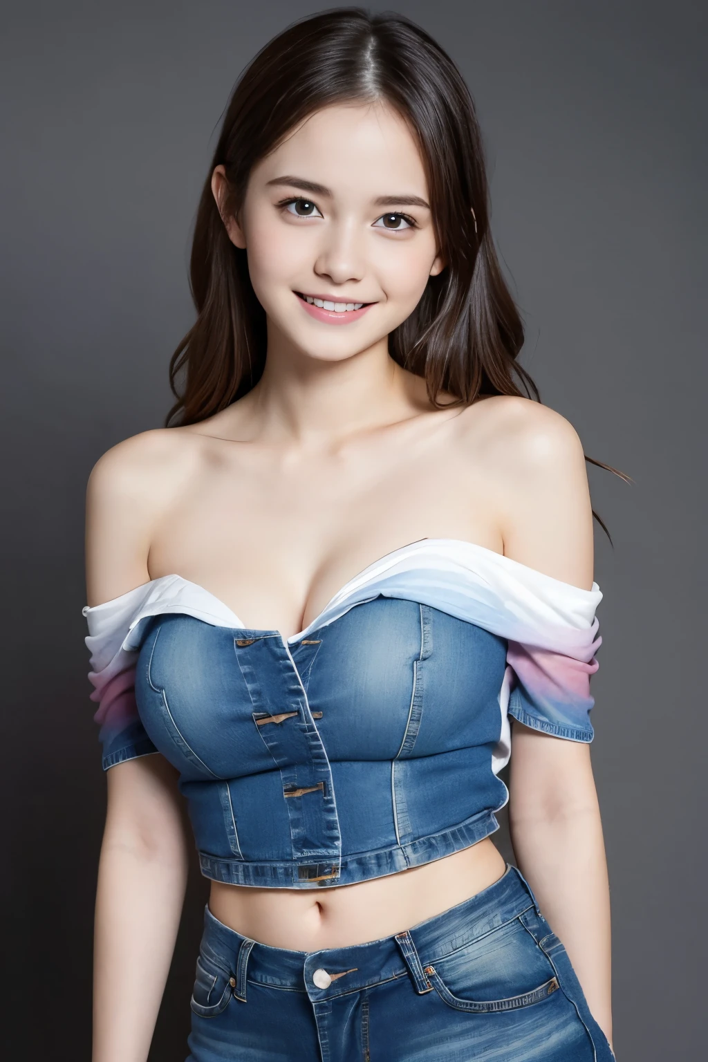 Masterpiece, Best quality, 8k, 18 years old, Raw photo, absurd, Award-winning portrait, smile, smile, pure, German, ((ombre)), huge breast, offshoulder, ((open waist)), denim, mini skirt