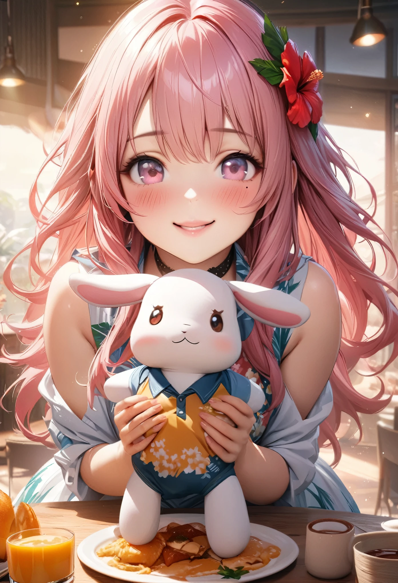 masterpiece, higst quality, highly detailed, high resolution, an high resolution, high resolution, 4k, 8k, unity 8k wallpaper, highly detailed cg, masterpiece, realistic, beautiful detail, depth, fine texture, hig hisst st quality: 1.3, total concentration, crisp skin, him, very cute anime, cute like an idol, tall pink long hair, one girl, Hawaiian dress,With the stuffed rabbit, greeting, hibiscus hair accessory, smile,morning、breakfast、 long pink hair, whole body , Mole under his eye, line sight, high, blush, lips parted, he art, pink eyes, choker