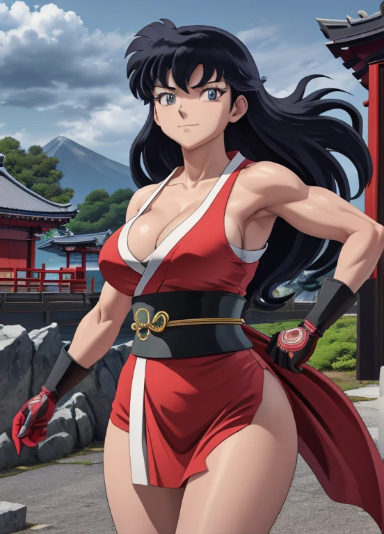 masterpiece, best quality, Kagome Higurashi, 25 years old, matured face, beautiful detailed eyes, ultra detailed eyes, extremely detailed face, large breasts, cleavage, very busty, big hips, strong muscles, athletic physique, She stands tall while wearing a short red kimono, pelvic curtain, arm guards and gloves. she's looking directly at the camera with an confident smirk. Her gaze is both alluring and fierce, as she practices martial arts moves. cowboy shot, Perfect Anatomy,(Professional Lighting), 4k textures, epic artistic, sharp focus, even lighting, insane details, intricate details, hyperdetailed, rich colors, BREAK Outdoors, temple, Japanese architecture, the view of the mountains
