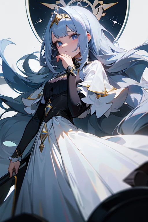 chica con traje de sirvienta, pelo largo gris oscuro con mechas celestes, ojos celestes