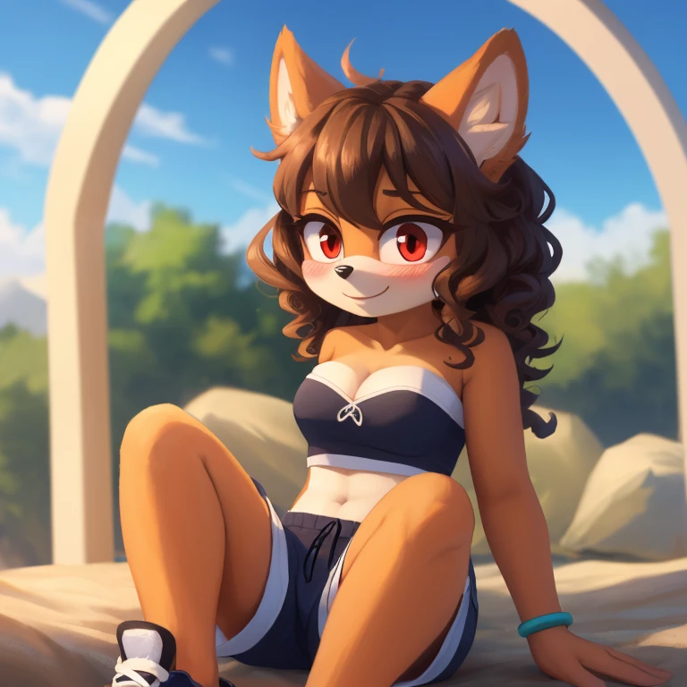 mobian, hedgehog, two-tone fur ((orange fur, brown fur)), pyjama elastic shorts, strapless crop top, cleavage, high-top sneakers, two-tone hair (brown hair, black tip)), curly hair, halo, sunglasses, jewelry, red eyes, longeyelashes, red eyes, smile, shy, blush, high detail, masterpiece, UHD, anatomically correct, super detail, highres, 4K
