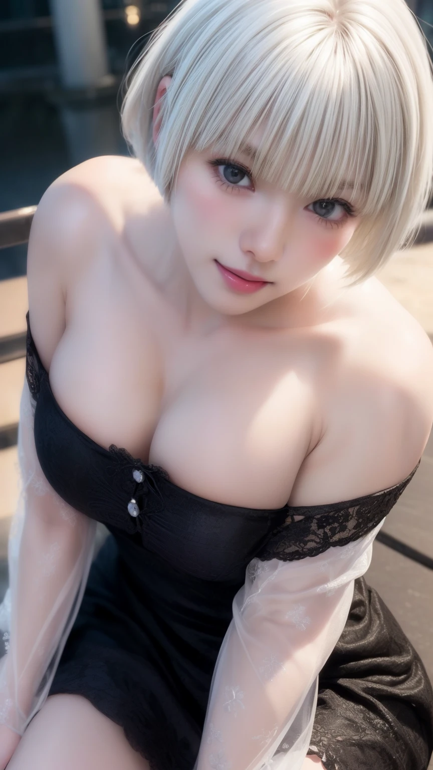 ((Large Breasts))、Upper body photo、Take close-up photos of your face、Fair skin、Great light、Beautiful lighting、((Platinum Blonde Hair:1.2))、((short hair:1.4))、((Straight hair))、Blunt bangs、Detailed embroidery、Black dress、Off-the-shoulder jacket、Gorgeous Accessories、Knee-high socks、Full moon night、Outdoor Background、smile、Cute Smile