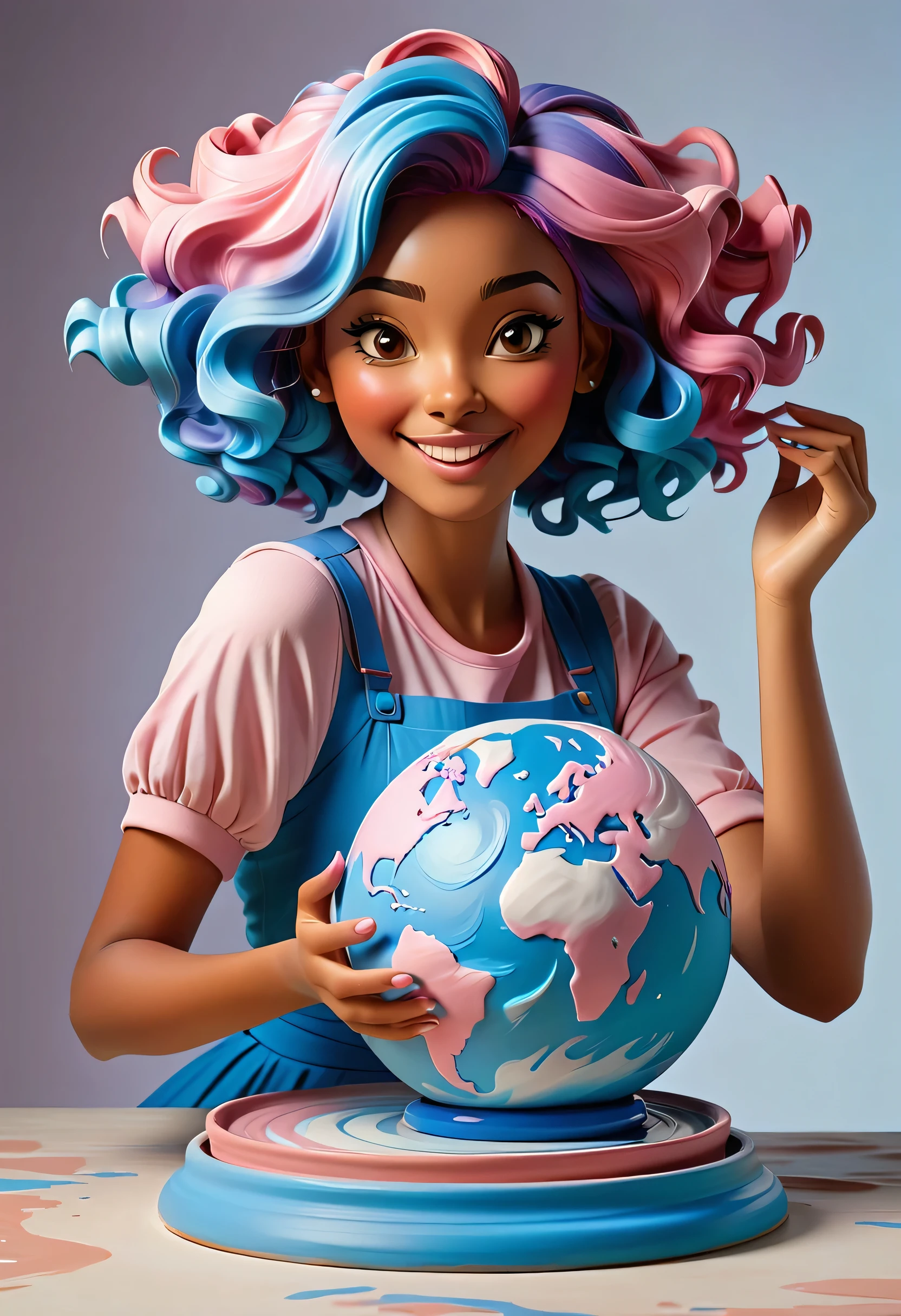 A beautiful young woman with light brown skin, short wavy pink and blue hair, is molding with her hands a slightly misshapen blue and white clay globe, atop a spinning clay modeling plate. The image emphasizes the woman's hair; her face is somewhat in shadow, yet she has a confident and joyful expression. There is also emphasis on her hands, which emit a magical bright glow. Vibrant colors, cinematic image.