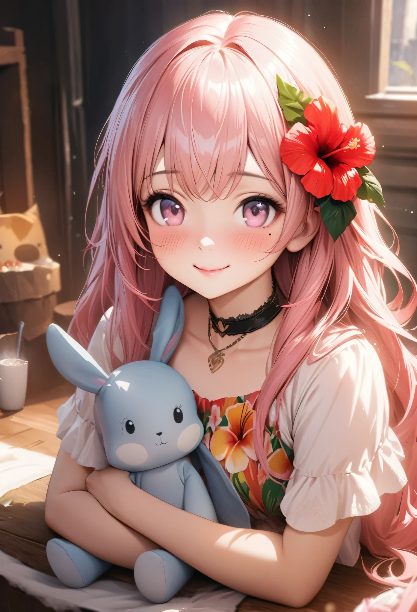 masterpiece, higst quality, highly detailed, high resolution, an high resolution, high resolution, 4k, 8k, unity 8k wallpaper, highly detailed cg, masterpiece, realistic, beautiful detail, depth, fine texture, hig hisst st quality: 1.3, total concentration, crisp skin, him, very cute anime, cute like an idol, tall pink long hair, one girl, Hawaiian dress,With the stuffed rabbit, greeting, hibiscus hair accessory, smile,morning、breakfast、 long pink hair, whole body , Mole under his eye, line sight, high, blush, lips parted, he art, pink eyes, choker