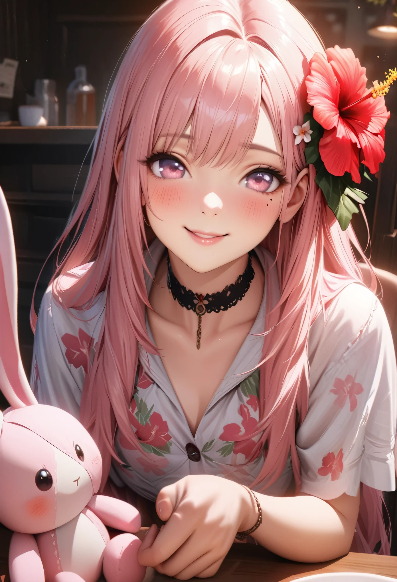 masterpiece, higst quality, highly detailed, high resolution, an high resolution, high resolution, 4k, 8k, unity 8k wallpaper, highly detailed cg, masterpiece, realistic, beautiful detail, depth, fine texture, hig hisst st quality: 1.3, total concentration, crisp skin, him, very cute anime, cute like an idol, tall pink long hair, one girl, Hawaiian dress,With the stuffed rabbit, greeting, hibiscus hair accessory, smile,morning、breakfast、 long pink hair, whole body , Mole under his eye, line sight, high, blush, lips parted, he art, pink eyes, choker