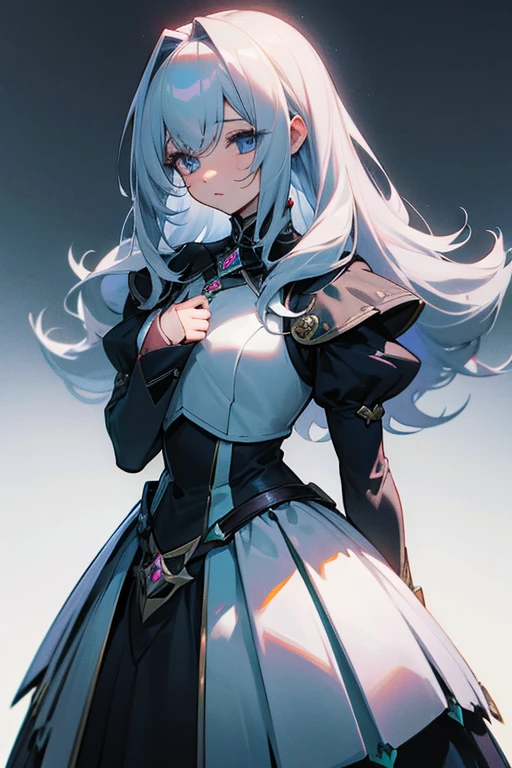 chica con traje de sirvienta, pelo largo gris oscuro con mechas celestes, ojos celestes
