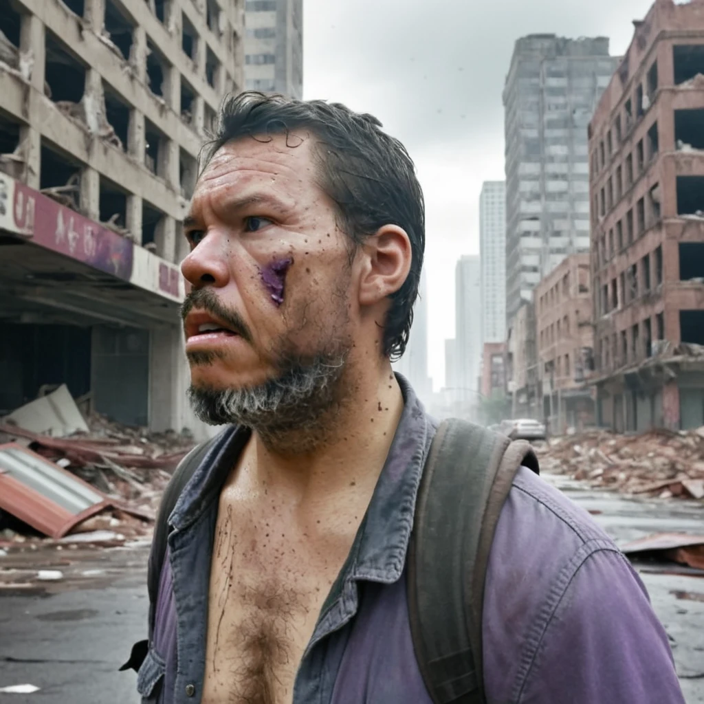 "Capture a realistic photograph inspired by the aesthetic of 'The Last of Us' video game series, depicting a half-body portrait of a man navigating a post-apocalyptic world. He should be dressed in dirty, ragged clothing, with a cloth obscuring his mouth and nose. In the background, showcase a futuristic city in ruins, featuring crumbling skyscrapers, debris-laden streets, and a foreboding sky with shades of purple and orange. Ensure the background is heavily blurred to draw focus to the character. The scene should exude the gritty realism and muted color tones characteristic of 'The Last of Us' series, immersing viewers in the haunting atmosphere of a decaying world.", gutto2024abr