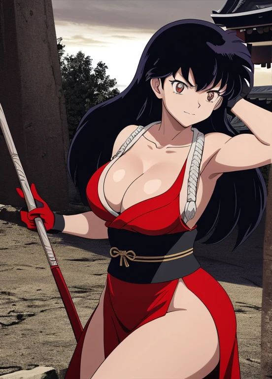 masterpiece, best quality, Kagome Higurashi, 25 years old, matured face, beautiful detailed eyes, ultra detailed eyes, extremely detailed face, large breasts, cleavage, very busty, big hips, strong muscles, athletic physique, She stands tall while wearing a short red kimono, pelvic curtain, arm guards and gloves. she's looking directly at the camera with an confident smirk. Her gaze is both alluring and fierce, as she practices martial arts moves. cowboy shot, Perfect Anatomy,(Professional Lighting), 4k textures, epic artistic, sharp focus, even lighting, insane details, intricate details, hyperdetailed, rich colors, BREAK Outdoors, temple, Japanese architecture, the view of the mountains
