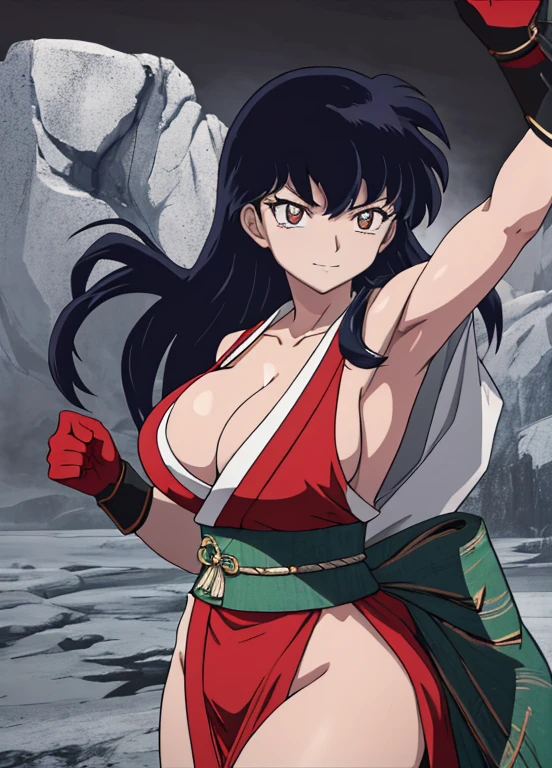 masterpiece, best quality, Kagome Higurashi, 25 years old, matured face, beautiful detailed eyes, ultra detailed eyes, extremely detailed face, large breasts, cleavage, very busty, big hips, strong muscles, athletic physique, She stands tall while wearing a short red kimono, pelvic curtain, arm guards and gloves. she's looking directly at the camera with an confident smirk. Her gaze is both alluring and fierce, as she practices martial arts moves. cowboy shot, Perfect Anatomy,(Professional Lighting), 4k textures, epic artistic, sharp focus, even lighting, insane details, intricate details, hyperdetailed, rich colors, BREAK Outdoors, temple, Japanese architecture, the view of the mountains