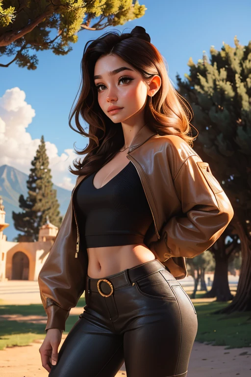 (bella mujer) (Obra maestra:1.2), (mejor calidad), (ultra detallado), (8k, 4k, intrincado),(foto de cuerpo completo:1.2),(vaquero:1.2),(Muy detallado:1.2),(cara detallada:1.2), (antecedentes detallados),(retrato),paisaje detallado, (dynamic pose:1.2),bella 1 girl, Brown eyes, capucha, tree,fondo del castillo