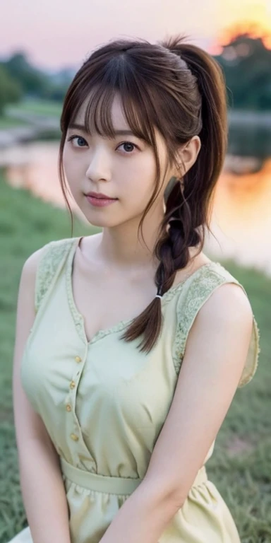 1 Japanese female, 30 years old, Very beautiful, (very cute), (Very detailed美しい顔), Great face and eyes,(Flower Hair Ornaments,Braided top knot,Twisted Side Part Ponytail Braided Headband,Half Up、Braided Space Van,Voluminous fishtail braid,Twisted pan),(Asymmetrical bangs),, My eyes got a little brighter, Dolly Makeup, (Loose-fitting see-through blouse(Cream:1.2))、(Micro Mini Skirt(Light mint green color)), (highest quality:1.4), (Very detailed), Very detailed CG 統合 8k 壁紙, Surreal, (Photorealistic:1.4), Raw photo, Professional photography, Cinema Lighting, Realistic portraits, (Depth of written boundary:1.4), (View Photographer:1.3), (In a park with a pond),Glamorous Beauty、 (Large Breasts:1.2)、Cleavage、Voluptuous thighs、 (Whole Body Ezbian), Accurate Eyes, Beautiful mouth, (Keep your mouth completely closed), (evening:1.3), (Looking at the camera), (Amazing sunset:1.25), A smile that makes people happy、A photo showing you from head to knees、Her face is exactly like Saito Asuka