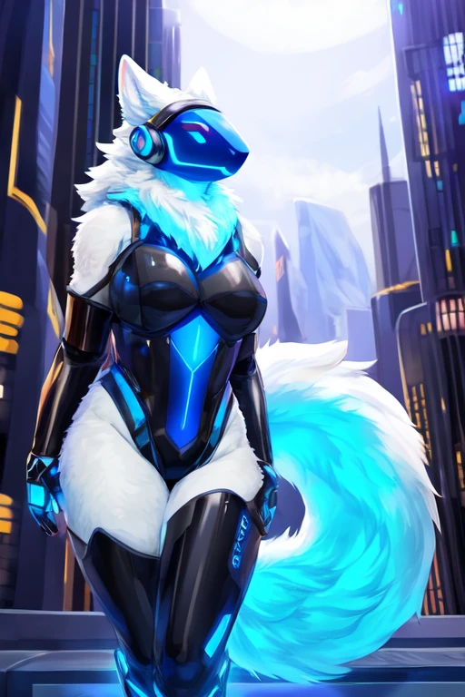 8k, 4k, Detailed, High quality, furry, female, mature female, by buta99, arctic protogen, long visor, blue visor, tuft neck, fluffy tail, sexy body, futuristic assasin clothing